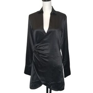 FINESSE Black Satin Ruched Wrap Mini Shirt Dress Button Cuff S LBD Romantic Dark